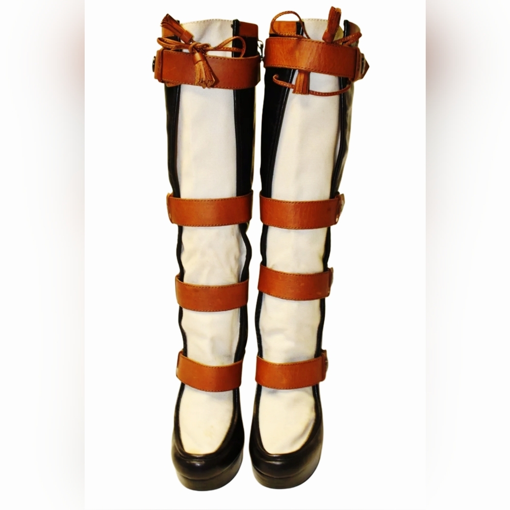 L.A.M.B. Baby  7.5 39 Leather Wedge Strap Knee High Boots - Picture 3 of 15